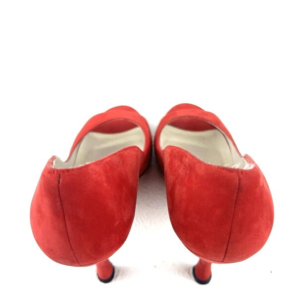 Women's 9N Red Peep Toe Mob Wife Career Chic Preppy Delman Suede Pumps Heels - Picture 11 of 13